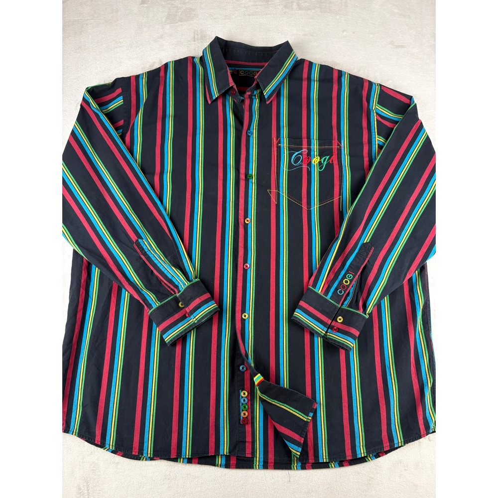 Coogi Mens Long Sleeve Button Down Shirt Black Multi Color Stripe Cotton XL